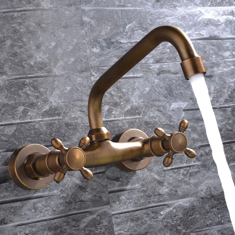 

European style golden faucet, wall to wall hot and cold copper, antique water faucet, wall hanging basin faucet