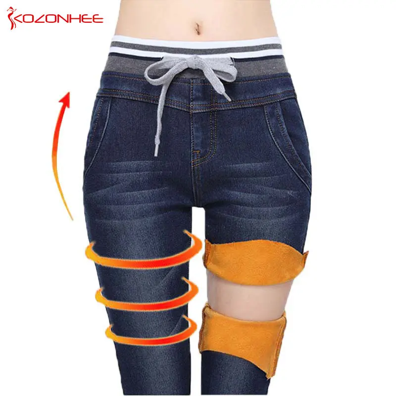 Cena Elastyczność kaszmirowe ciepłe dżinsy dla kobiet duże czarne dżinsy z wysokim stanem jeansy z elastyczną talią kobiece zimowe jeansy dla kobiet