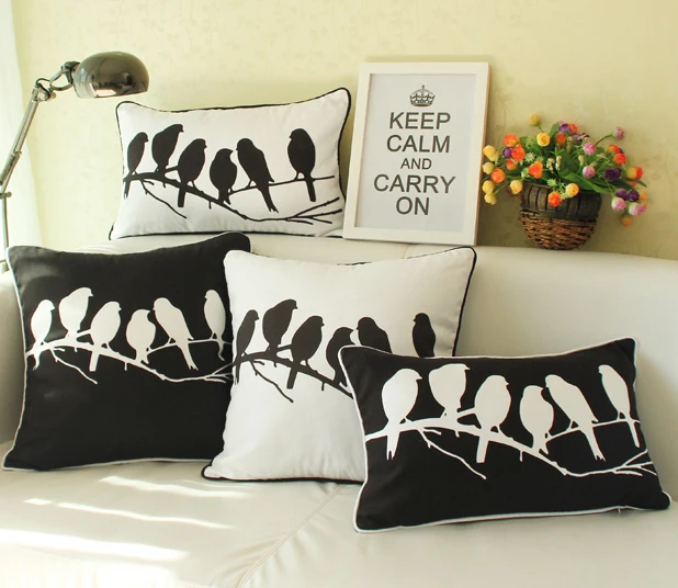 Modern Minimalism Black And White Cushion Cover Bird Birds Sketch Pillow Case Gift Sofa Lumbar