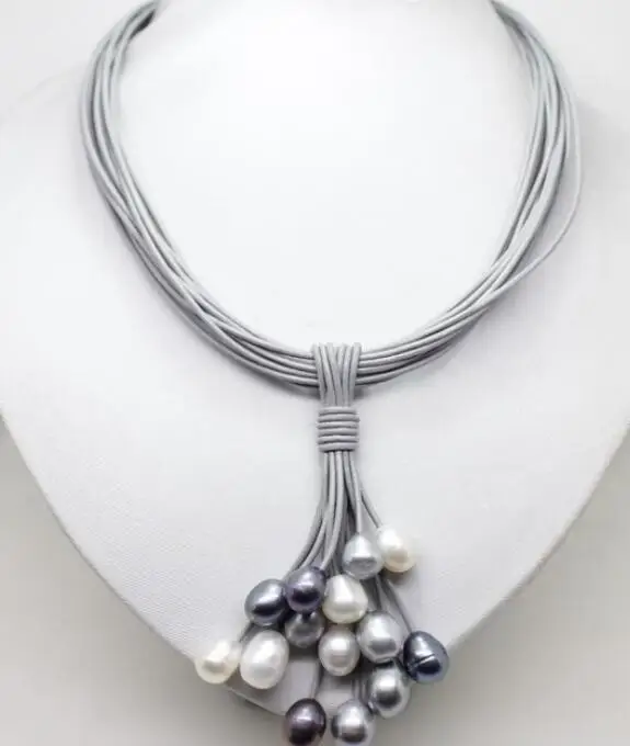 12mm Real White Black Gray Freshwater Pearl Necklace Leather Cord Magnet Clasp | Украшения и аксессуары