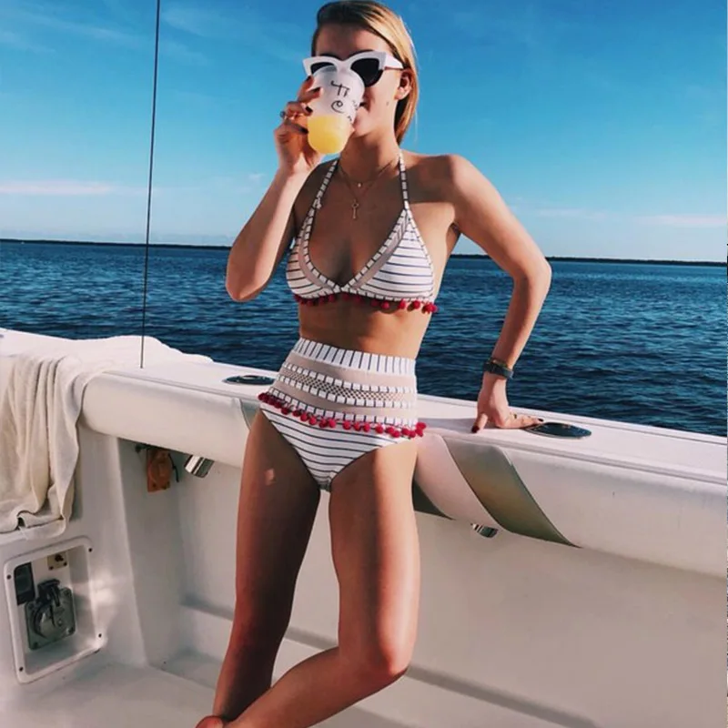 Günstige YCDYZ Hohe Taille Bikini 2019 Sexy Boho Bademode Frauen Quasten Halter Badeanzug Push Up Badeanzug Brazilian Biquinis Feminino