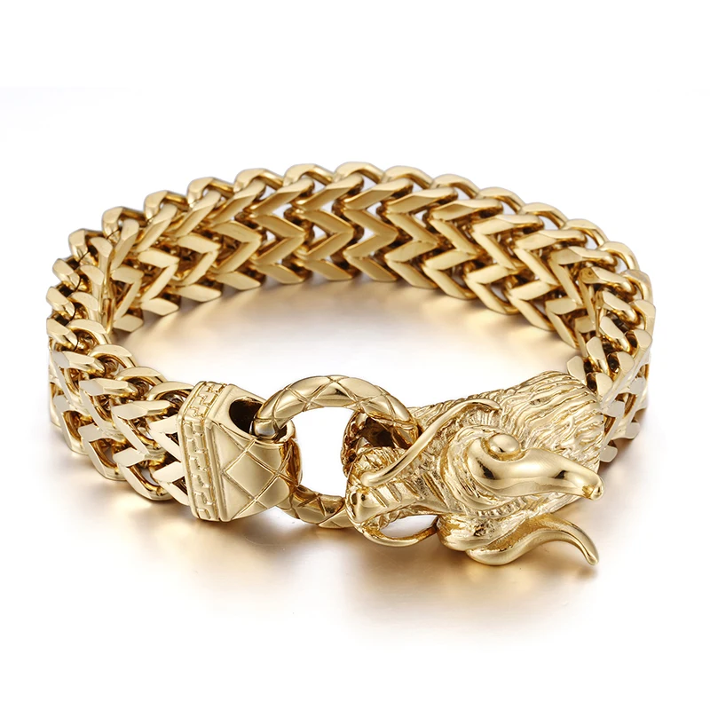 

Punk Design Fine Gifts 316L Stainless Steel Gold Biker dragon Heads figaro chain Men's Large Bracelet 9.8inched