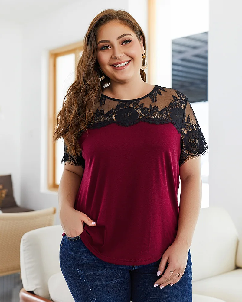Летние женские большие размеры 3XL 4XL Лоскутные кружевные блузки для полных модных сексуальных дам с коротким рукавом блуза, рубашки женские