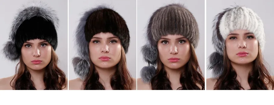 Натуральная вязаная норковая меховая шапка с помпонами из меха лисы зимняя женская шапка из настоящего меха головной убор в русском стиле