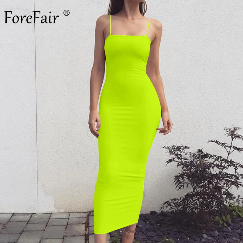 Forefair, сексуальное облегающее макси платье, женское, на тонких бретельках, одноцветное, узкое, с открытыми плечами, белое, оранжевое, желтое, летнее, праздничное платье - Цвет: Neon Green Dress