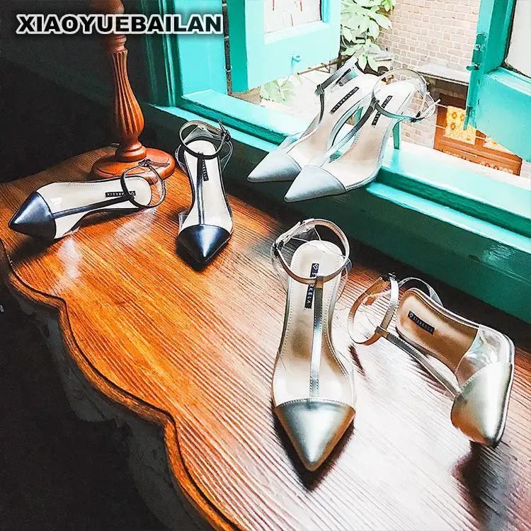 Новая модная обувь весна-лето 2018 пикантная женская на высоком тонком прозрачном