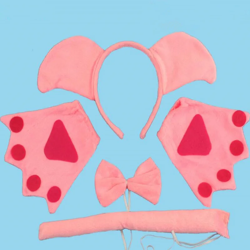 

Pink Pig Makeup Party Kids Animal Ears Hairband Headband Tail Tie Claws Gloves Costume Accessory Halloween Party Favor