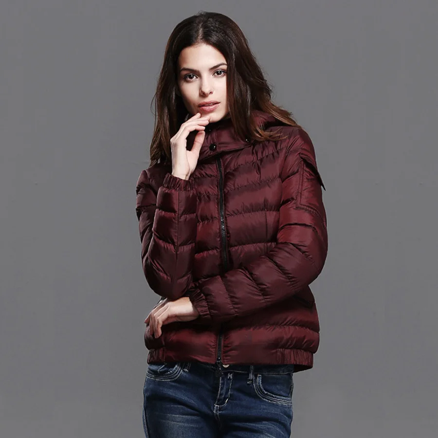 2016 Winter Women s Fashion Slim Short Paragraph Long sleeve Hooded Detachable Wine red Down Cotton