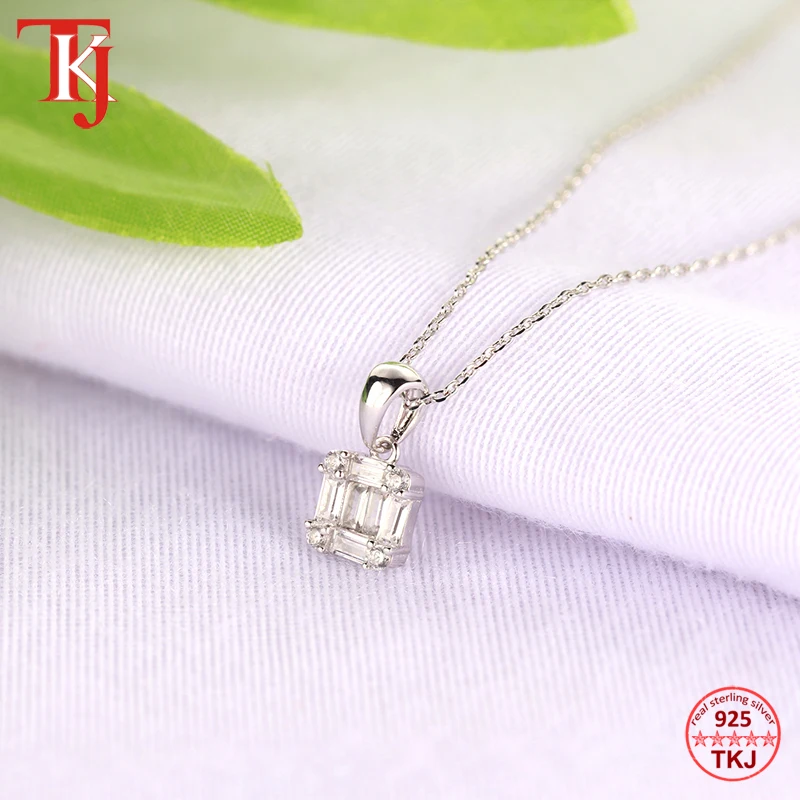 TKJ 925 Sterling Silver Pendant Square Baguette Pendant Daily Jewelry With Chian 40+5cm-1
