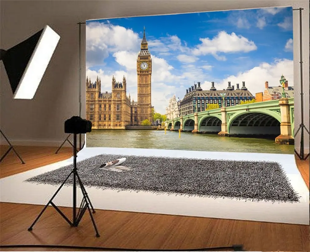 

Photography Backdrop London Big Ben Thames European Architecture Blue Sky White Cloud Nature Romantic Photo Background