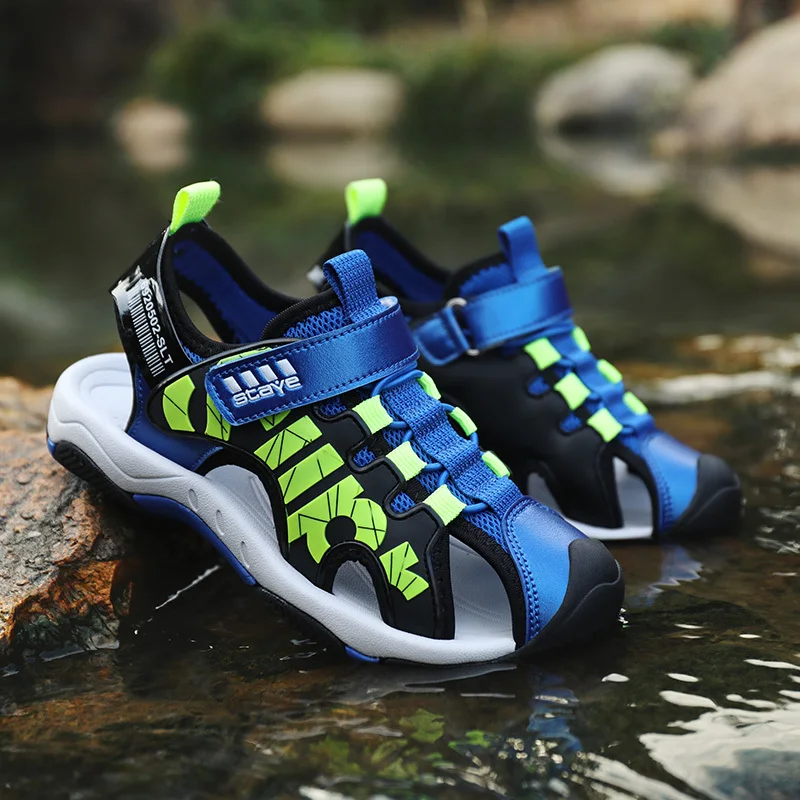 ULKNN Boys sandals children's Baotou beach shoes leather big kids primary school children's beach shoes blue