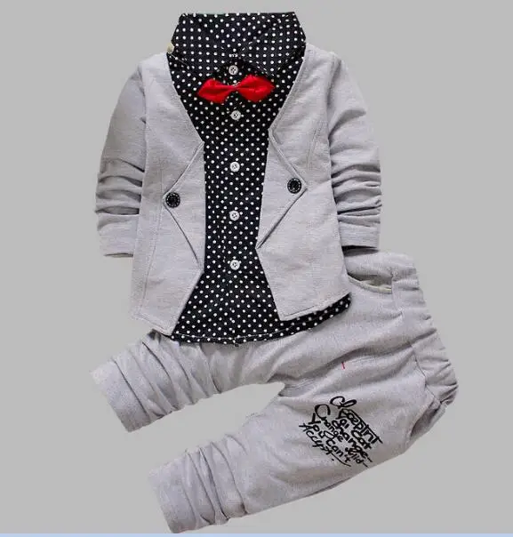 Весенне-осенний комплект повседневной одежды для маленьких девочек, хлопковые комплекты одежды с пуговицами и бантиком комплект из куртки и штанов для маленьких мальчиков - Цвет: gray