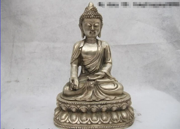 

S0598 16"Tibet Buddhism Fane White Copper Silver Bhaisajyaguru Sakyamuni Buddha Statue D0318