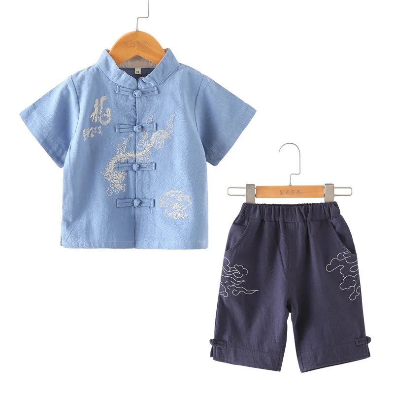 Retro Embroidery Tang Suit Boys Traditional Chinese Clothing T-Shirt+Shorts Cotton&Linen Children Clothes Set 2-10T Kids SL1037