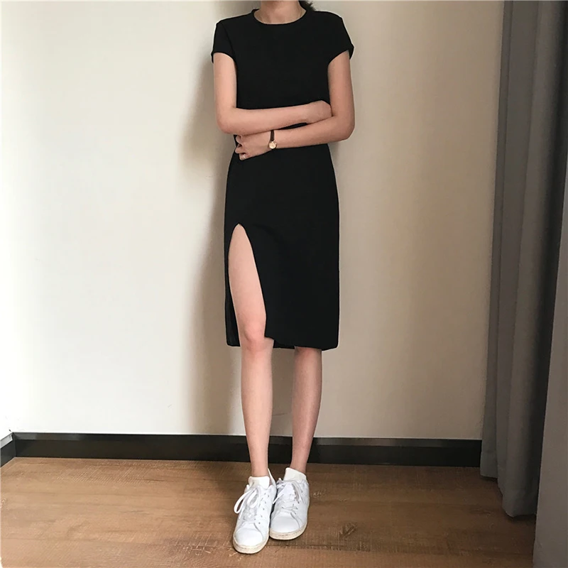 

Mazefeng 2019 Fashion Sheath Dresses Female Solid Sexy Dress Women Black Dress Knee-Length Ladies Casual Dress Split Ends