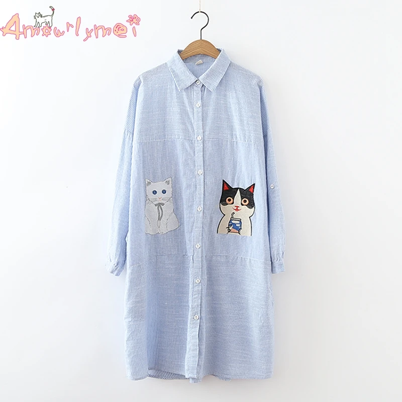 

Amourlymei Blue Striped Cat Embroidered Spring Autumn New Style Women Shirt Dress Mori Girl Vestidos Femininos