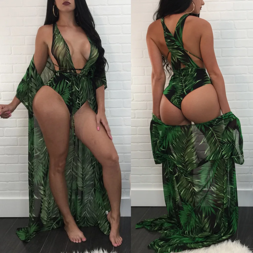 

2019 summer beach swimwear plus size swimsuit women's swimwear large size leaf print one-piece sexy swimsuit two-piece