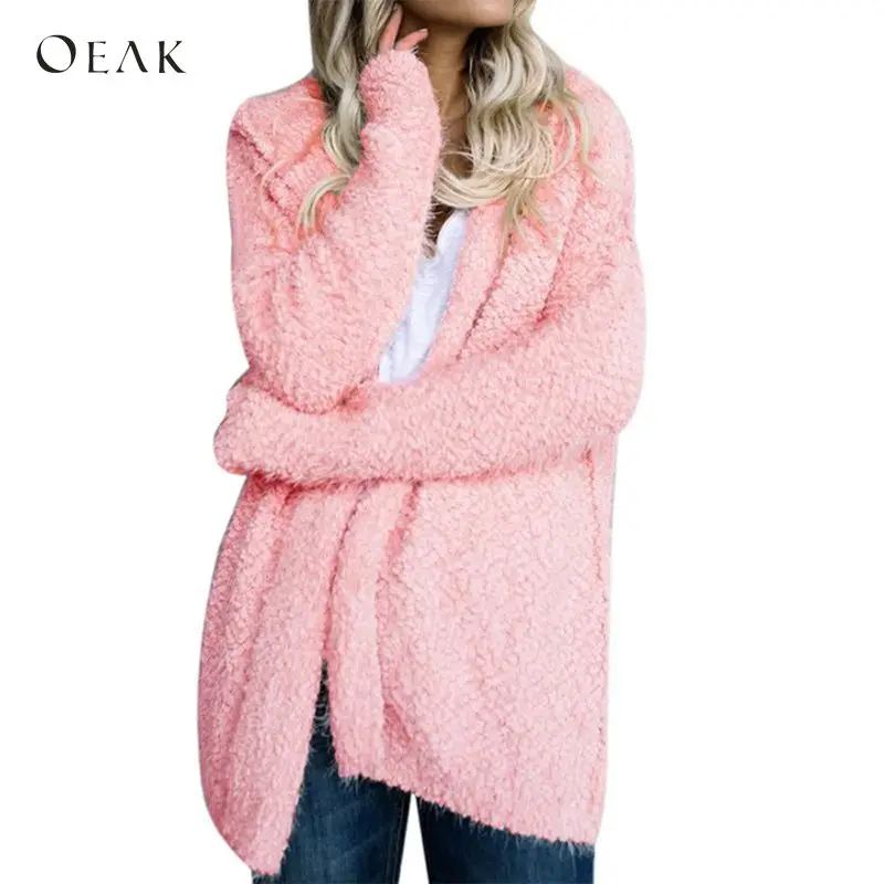 

OEAK Winter Faux Fur Teddy Bear Coat Jacket Women Fashion Open Stitch Hooded Coat Female Long Sleeve Fluffy Outwear 2018 Casual
