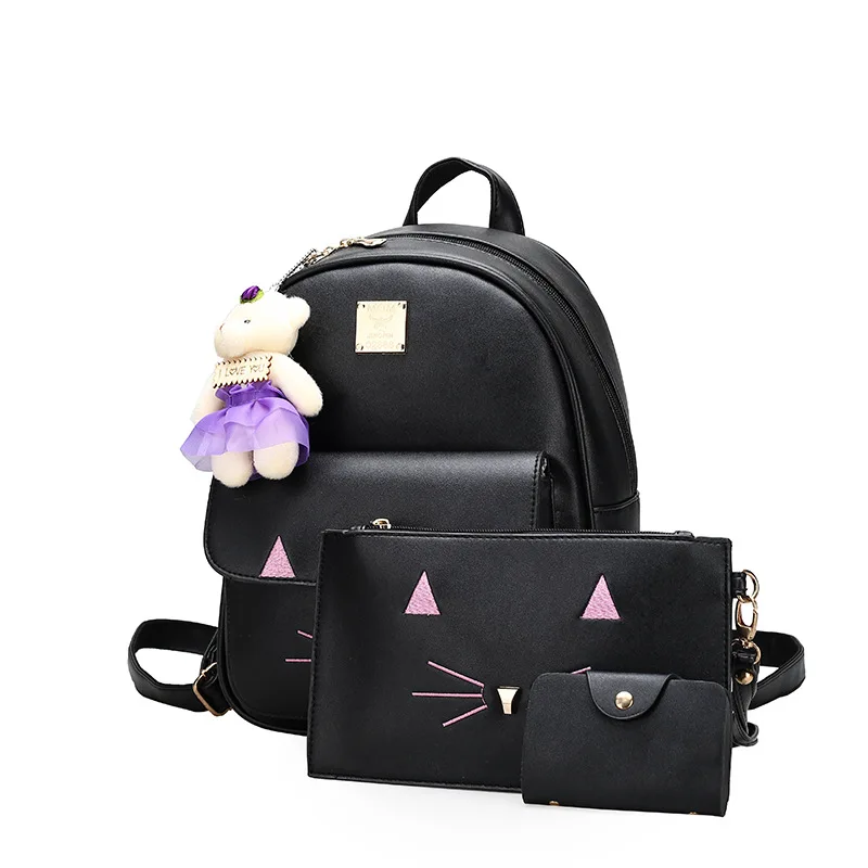 

Fashion 3Pcs Cute Cat Print Backpack Women School Bags for Teenage Girls Korean Female Backpack Embroidery Cartoon Sac A Dos