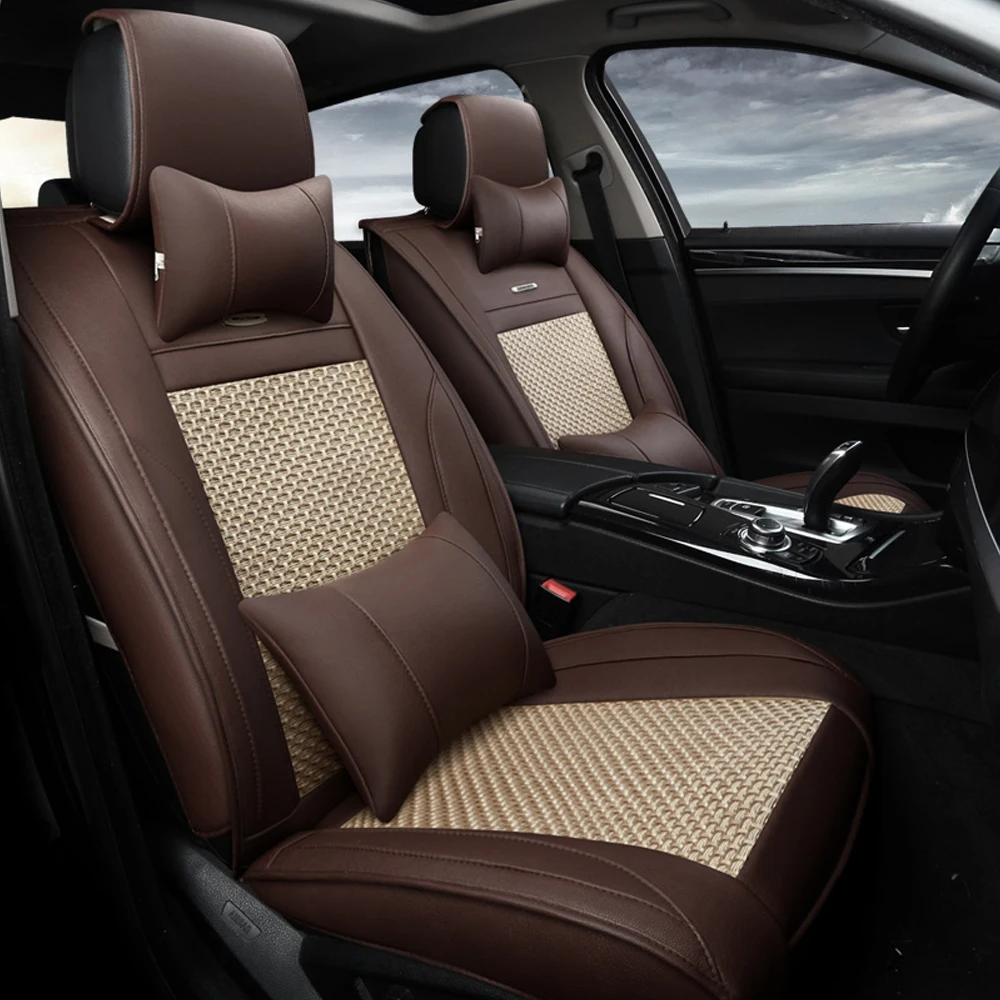 13pcs Ventilate Ice Silk Fabric Car Seat Cover Luxury Leather