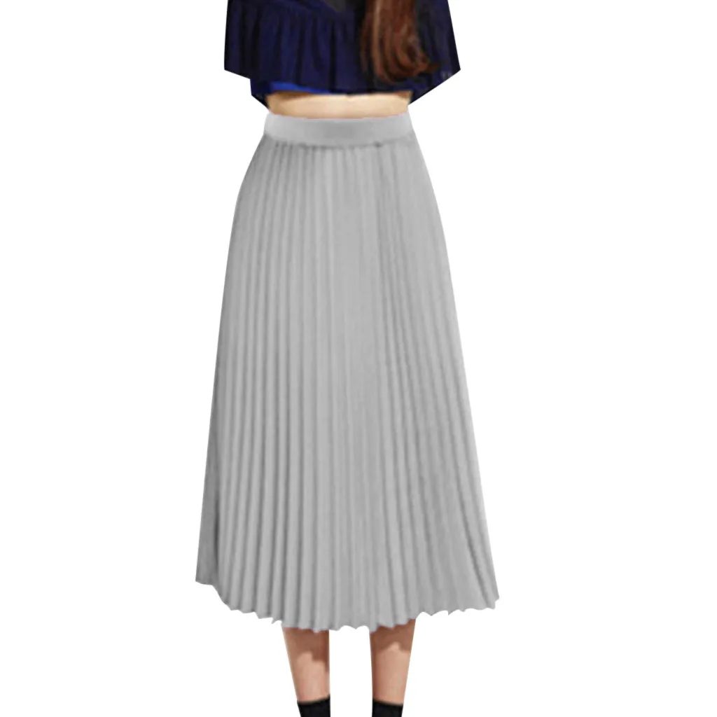 

Solid Color Leisure Womens Solid Pleated Elegant Midi Elastic Waist Maxi Skirt Streetwear jupe femme