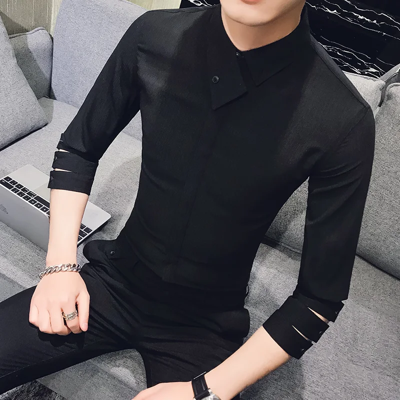 Personality Hollow 3/4 Sleeve Shirt Men Summer Brand Designer Slim Fit Solid Dress Shirts Mens
