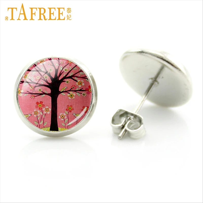 TAFREE A Big Tree Picture Stud Earrings on the pink background Vintage Flower earring Wintersweet Cherry Blossom jewlery A765|stud earrings|earring