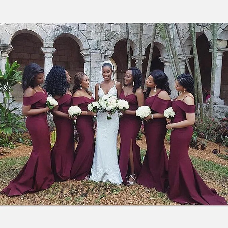 

Floor Length Burgundy Mermaid Bridesmaid Dresses Maid Of Honor 2019 Sexy Off Shoulder Spaghetti Strap Long Party Dress