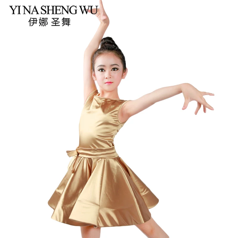 

New Girls Latin Dance Clothing Sleeveless Shiny Satin Children Latin Dance Dress Professional Latin Competition Dance Costumes
