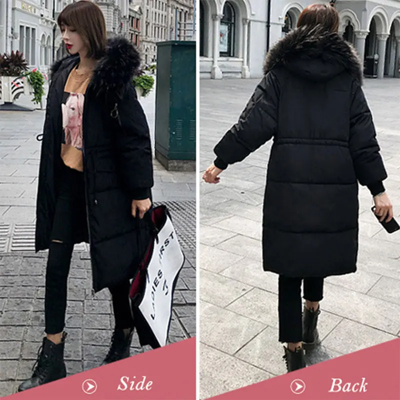 Koop Solid Fur Hooded Thicken Rits Lange Down Jassen Vrouwen Casual Lange Mouwen Lace Up Warm Katoen Jassen Vrouwelijke Hardy Jassen nieuwe