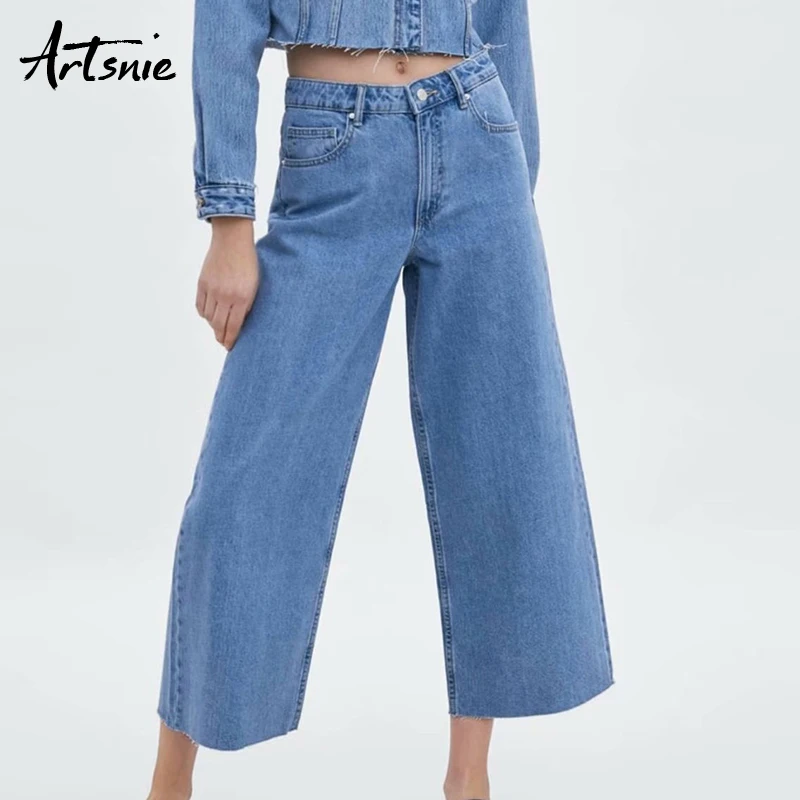 Artsnie синие повседневные джинсовые широкие брюки женские летние с низкой талией на молнии с карманами уличная одежда свободные джинсы Рваные брюки женские