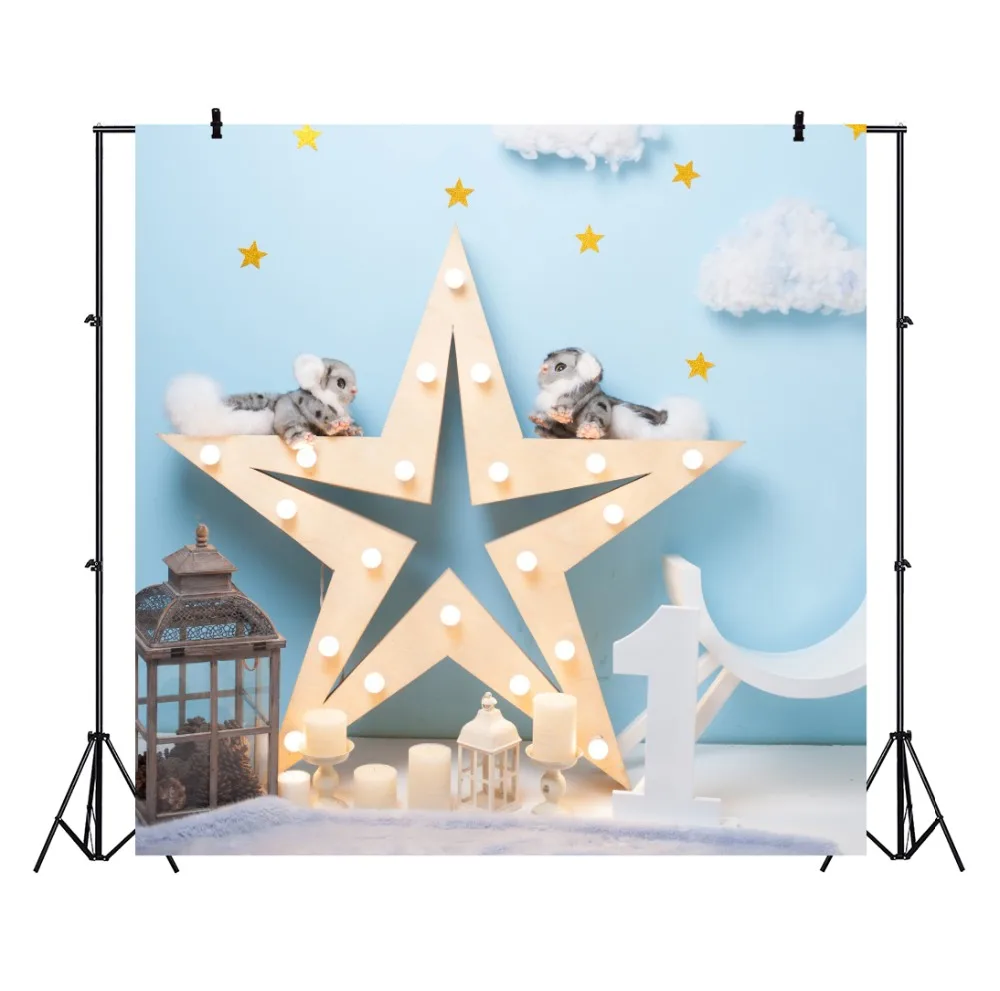 Laeacco Birthday Candle 1th Star Cloud Pet Gold Star Party Child Baby Photo Backdrops Photo Backgrounds Photocall Photo Studio