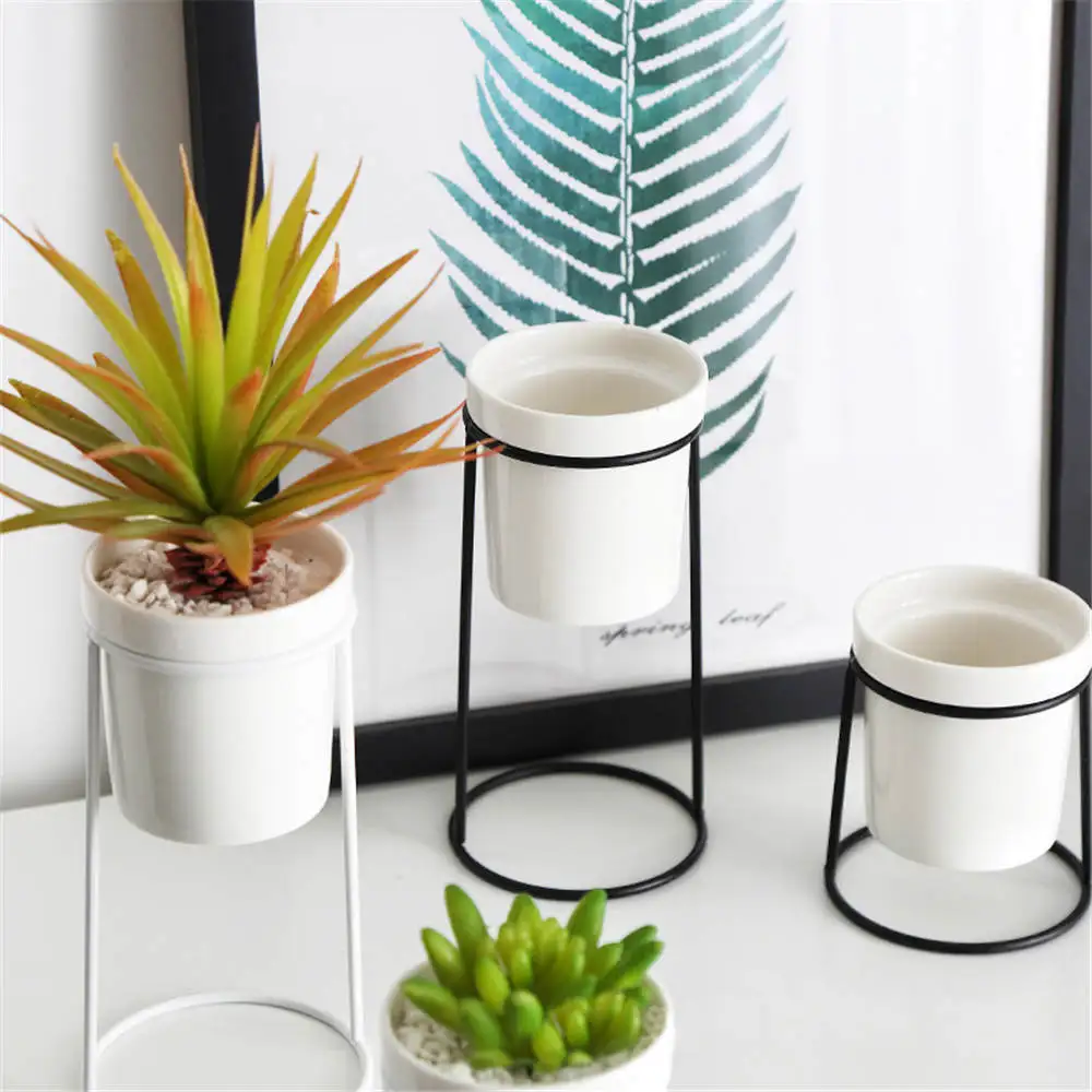 

Nordic Iron Flower Vase Ceramics Green Plant Pot Geometric Flower Shelf Home Decoration Livingroom Ornaments