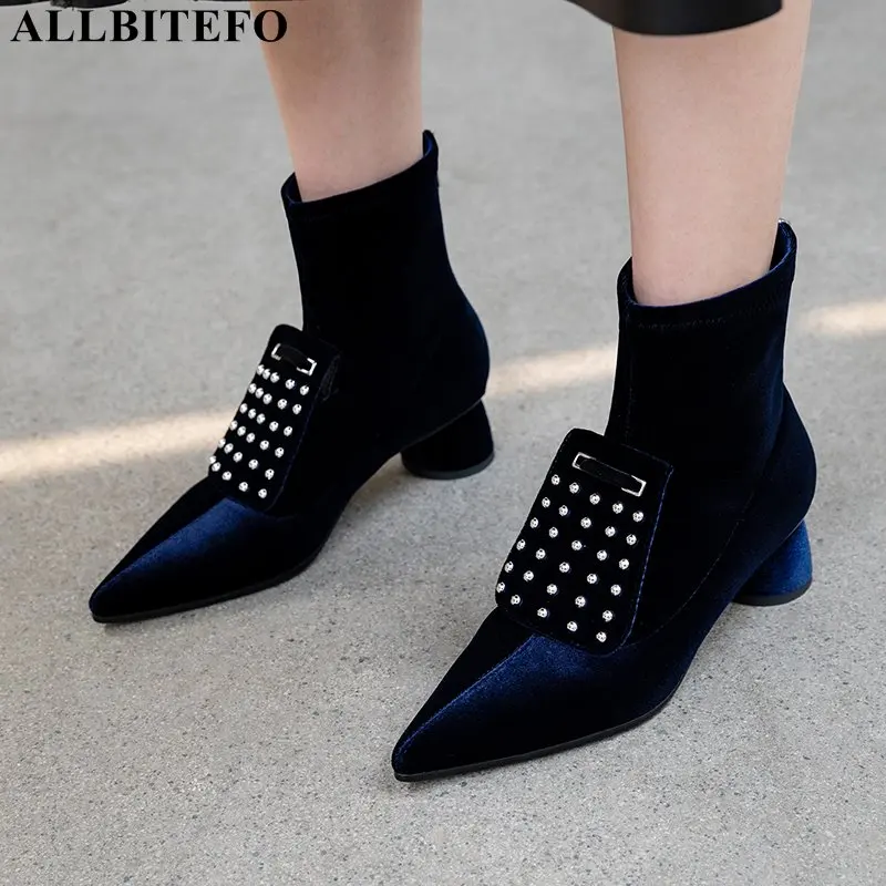 ALLBITEFO/Модные женские ботинки из натуральной кожи с заклепками и острым носком на толстом каблуке высококачественные ботильоны для женщин и девочек