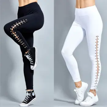 

Women High Waist Fitness Leggings Lace Up Black White Solid Trousers