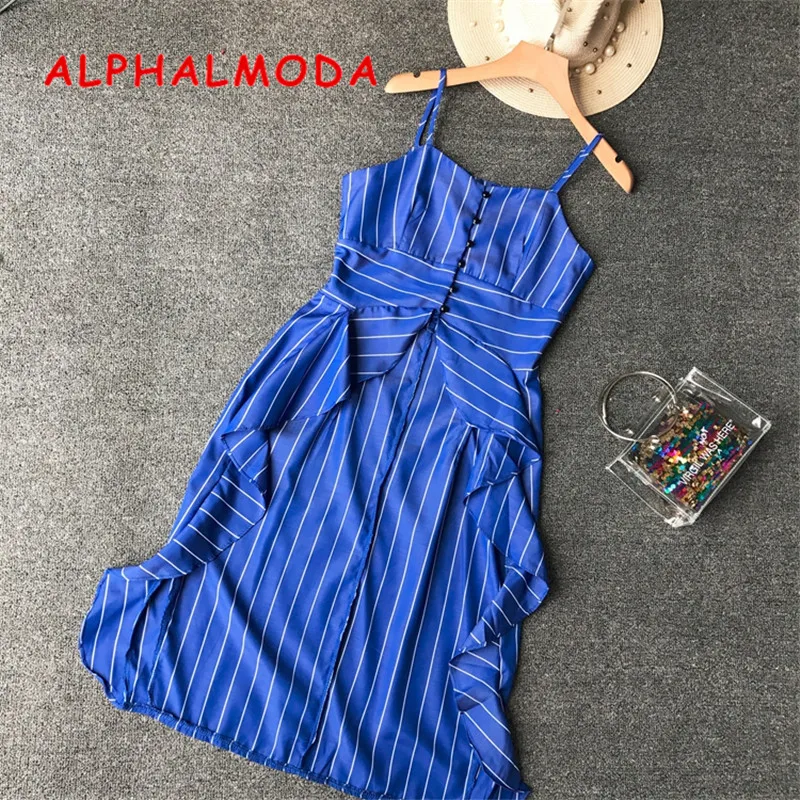 

ALPHALMODA 2018 Summer Women's Striped Asymmetrical Long Cocktail Shirts Single Breast Sling Top Stylish Long Shirts