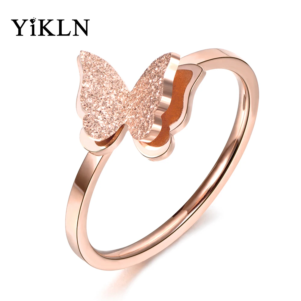 

YiKLN Scrub 3D Butterfly Wedding Rings For Women Girls Rose Gold Color Top Brand Jewelry Stainless Steel Engagement Ring YR18043