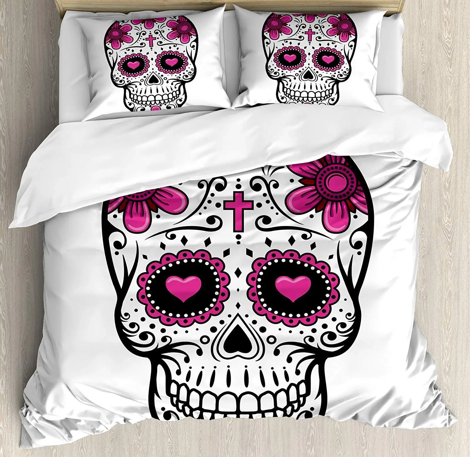 

Comfort Bed Sheet Sugar Skull Decor Flowers Hearts Swirls Cruciform Gothic Cultural Celebration Day White 3/4pcs Bedding Sets