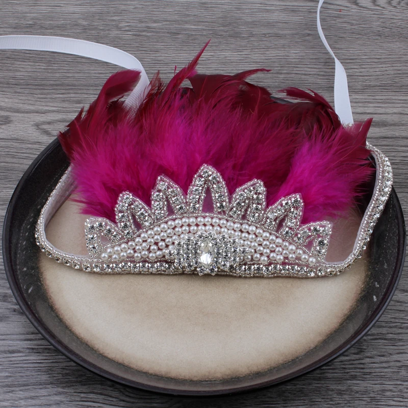 Модные цветочные диадемы принцессы головные уборы украшения с рюшами ваши перья Корона диадема со стразами для девочек аксессуары для волос - Цвет: Fuchsia