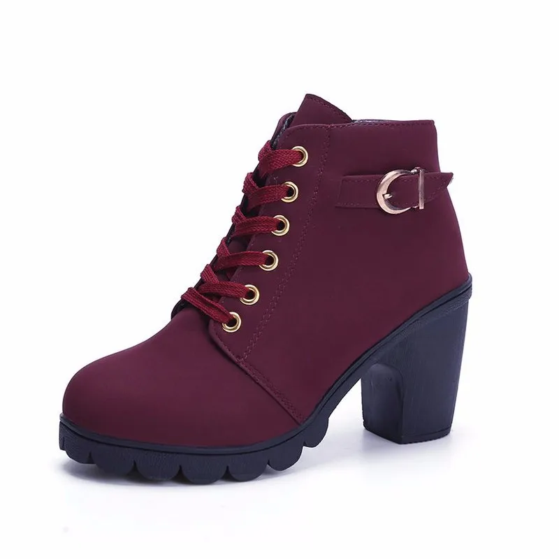 

Autumn High-heeled Lace Up Woman Boots Belt Buckle Womens Shoes Round Head Martin Boots Ladies PU Leather Knight Boots
