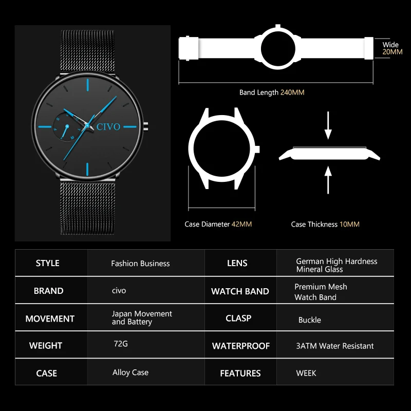CIVO Fashion Mens Watches Top Brand Luxury Waterproof Ultra Thin Dial Sport Quartz Watches Men Mesh Band Clock Relogio Masculino
