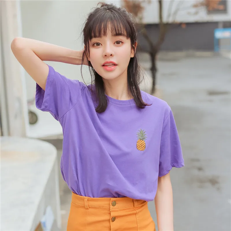 

2019 Fashion Korean Style Cute Fruit Embroidery Short Sleeve T Shirt Women Summer Small Fresh Casual Tee Shirt Femme