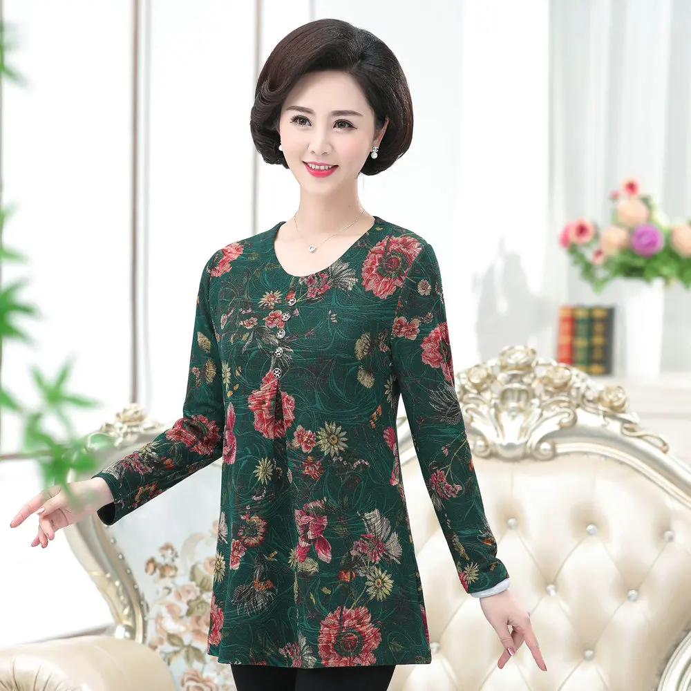 Middle Aged Woman Casual Blouse Chinese Flower Printing Top Female Blue Red Green Tunic Womens Autumn Spring Essential Blouses