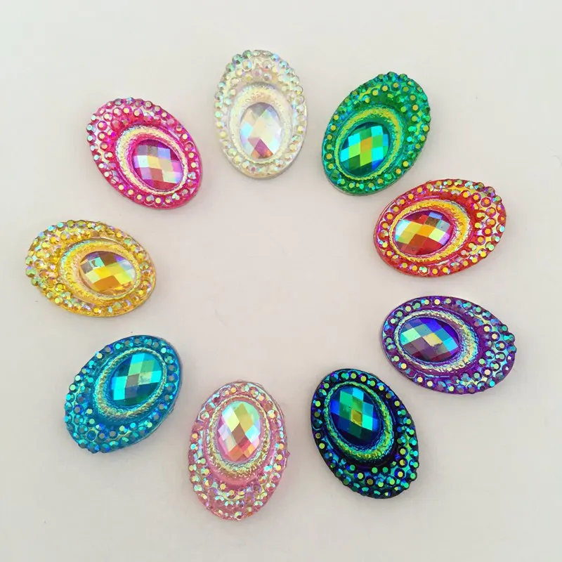 

New DIY AB Resin 200pcs 13*18mm oval shape Peacock eye Flatback rhinestone Wedding /Half beads buttons D62A*10