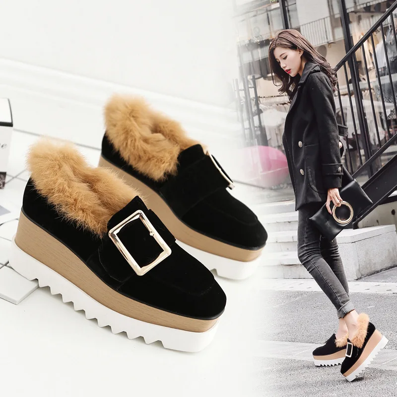 preppy style buckle thick bottom shoes woman rabbit fur brogue shoes winter flock platform shoes woman real fur flat espadrilles - Цвет: Черный