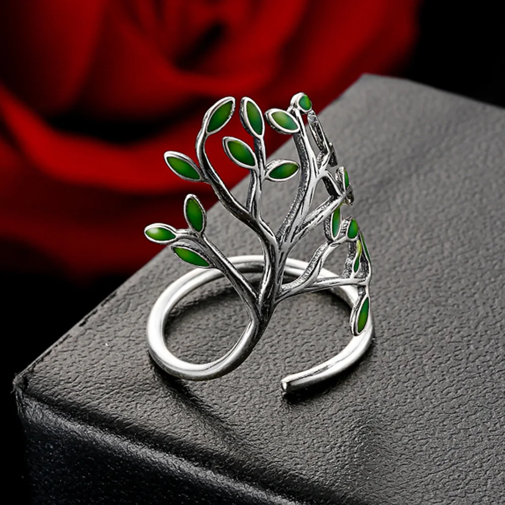 

Top Quality Vintage Silver Adjustable Rings For Women Enameled Green Leaves Tree of Life Trendy Party Wedding Statement Jewelry