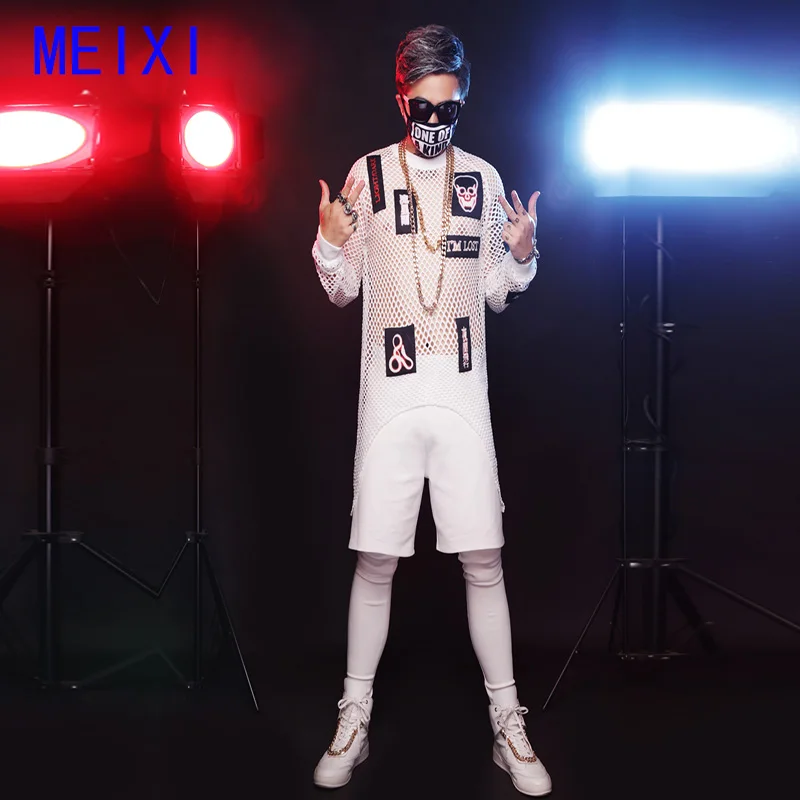 

White logo net eye T-shirt set men's nightclub costumes stage bar costumes