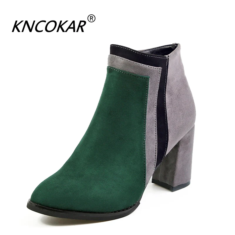 

KNCOKAR Newest Mixed Color Ankle Boots Women Thick High Heels Chelsea Boots Ladies Patchwork Winter Martin Boots x1002