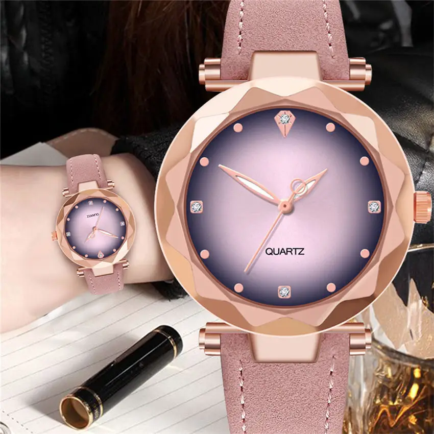 Лидер продаж женские часы с бриллиантовым циферблатом фиолетовые кожаные кварцевые наручные часы Топ люксовый бренд Relogio Feminino часы# B