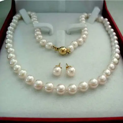 

free shipping 07521 Real Natural White Akoya Cultured Pearl necklace earrings set (A0423)